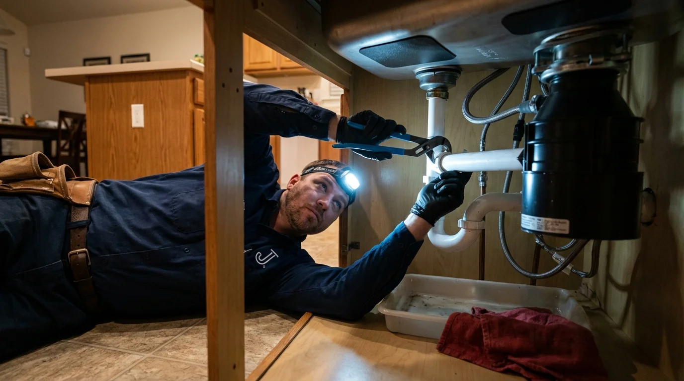 P-trap and supply line connections under a kitchen sink showing a common leak point in Hockessin, DE